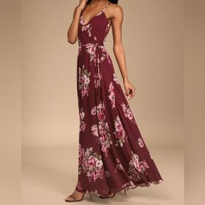Elegantly Inclined Burgundy Floral Print Wrap Maxi Dress Burgundy & Pink Flowers